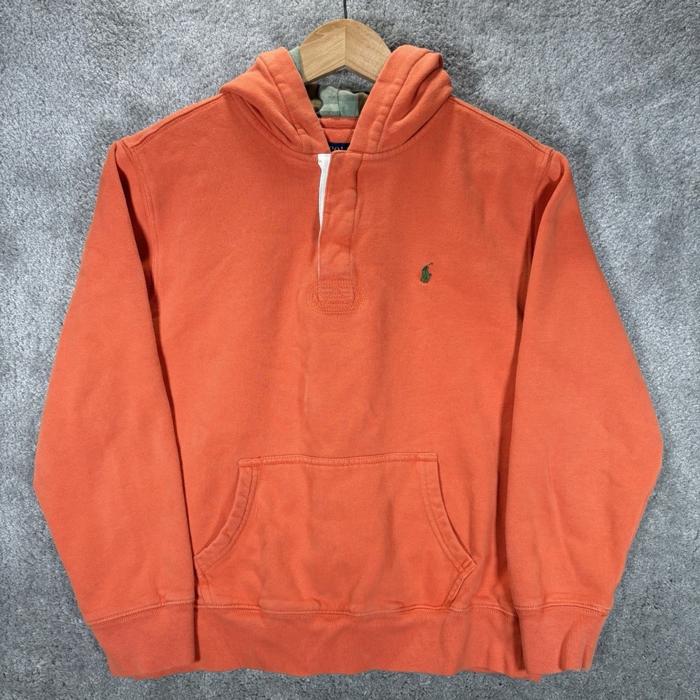 Polo Ralph Lauren Hoodie Sweatshirt Youth Boys L Orange 1/4 Button Plaid Hood